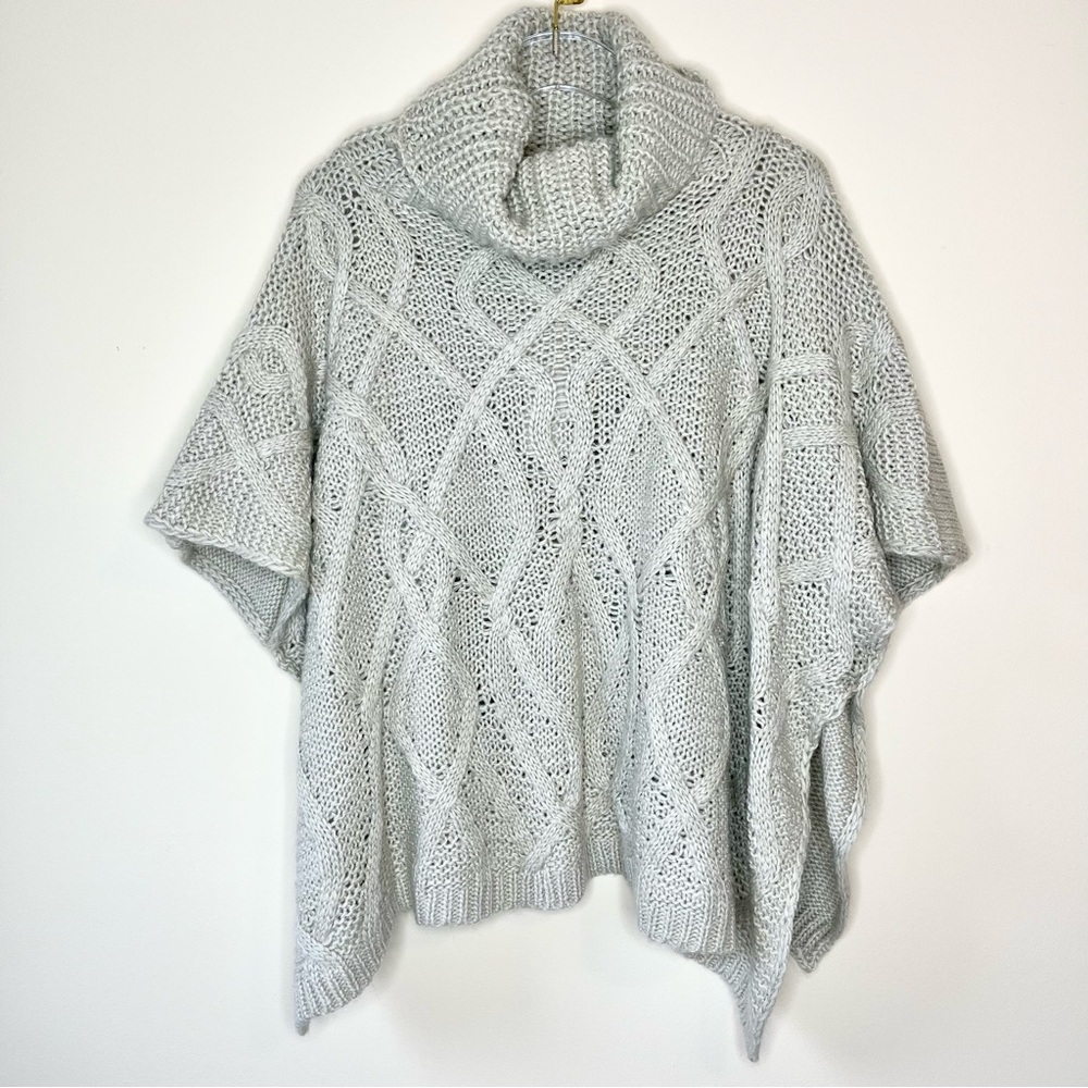 Adrienne Vittadini Taupe Cable Knit Pullover Slouchy Turtleneck Poncho Sweater